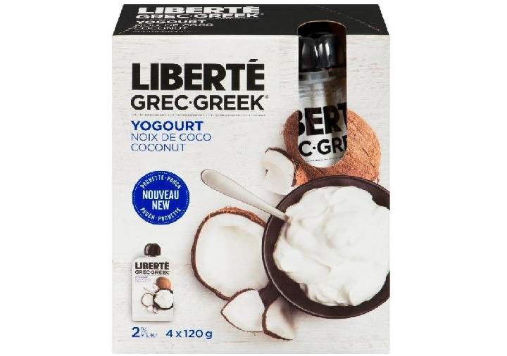 Liberte Greek yogurt coconut 2%, sold in 4 x 120 gram packages, shown above, is among the recalled products.