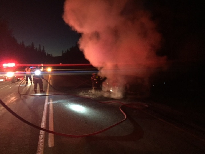 A car was destroyed by fire after hitting a deer on Highway 33 Thursday evening. 