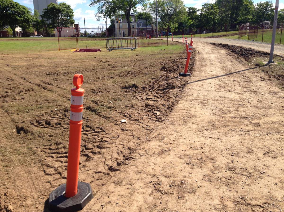 Muddy tracks can be seen on the Halifax Common where the stage was set up during the Canada 150 concert.