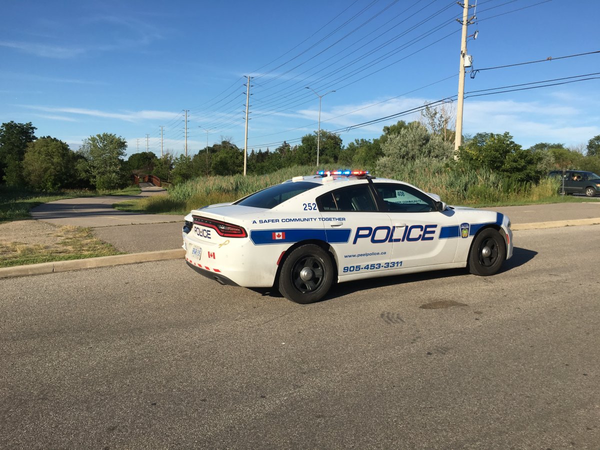 Peel police cruisers at Camilla Park Tuesday evening had blocked off the area as officers searched for suspects in connection with the incident. 
