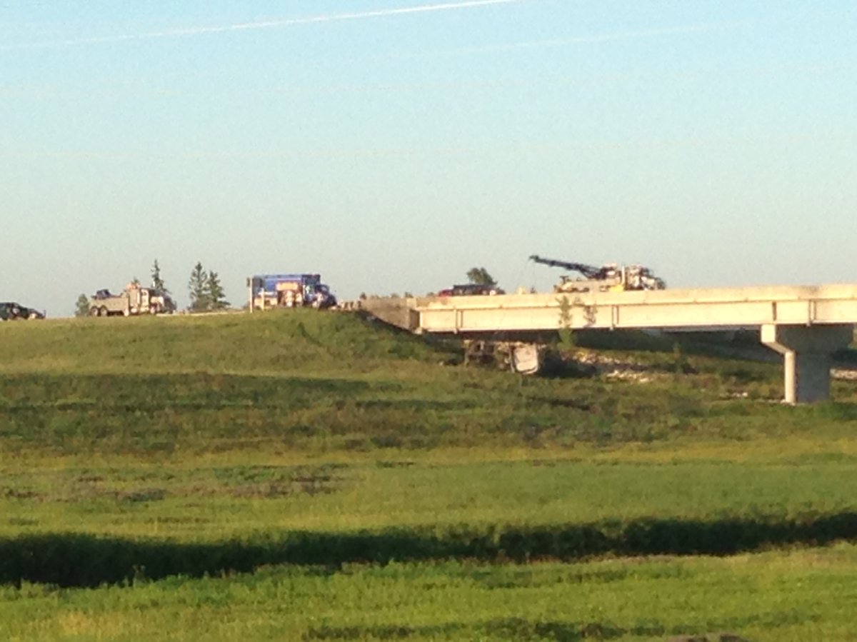 One person was hospitalized after a semi truck crashed into the Red River Floodway Wednesday morning. 