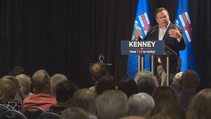 Alberta PC leader Jason Kenney speaks to supporters at a town hall at Edmonton's Delta Edmonton South on July 5, 2017.