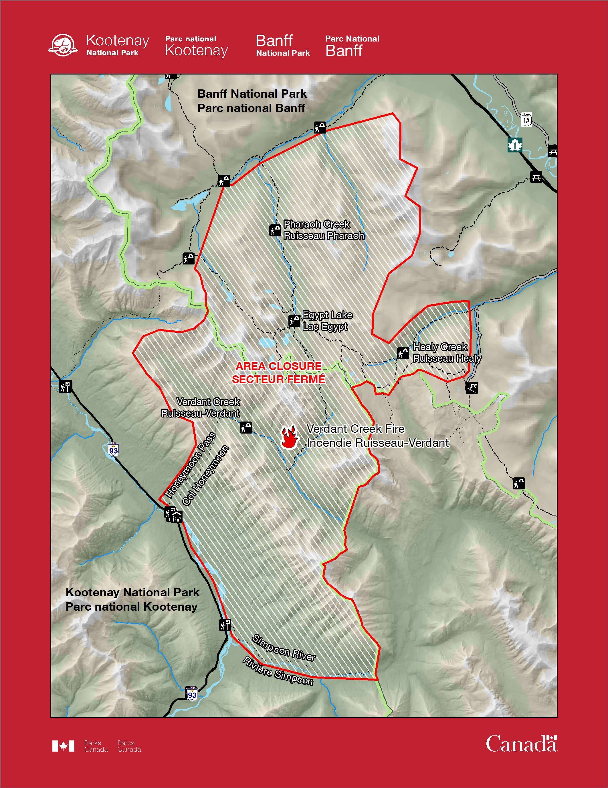 Areas of Kootenay and Banff national parks closed due to wildfire