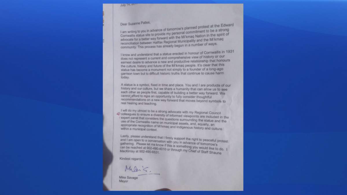 The letter sent by Halifax Mayor Mike Savage to the organizer of the Edward Cornwallis protest.