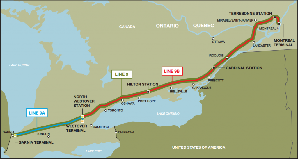 A map details the path of Enbridge's Line 9 pipeline, which carries oil between Sarnia and Montreal.