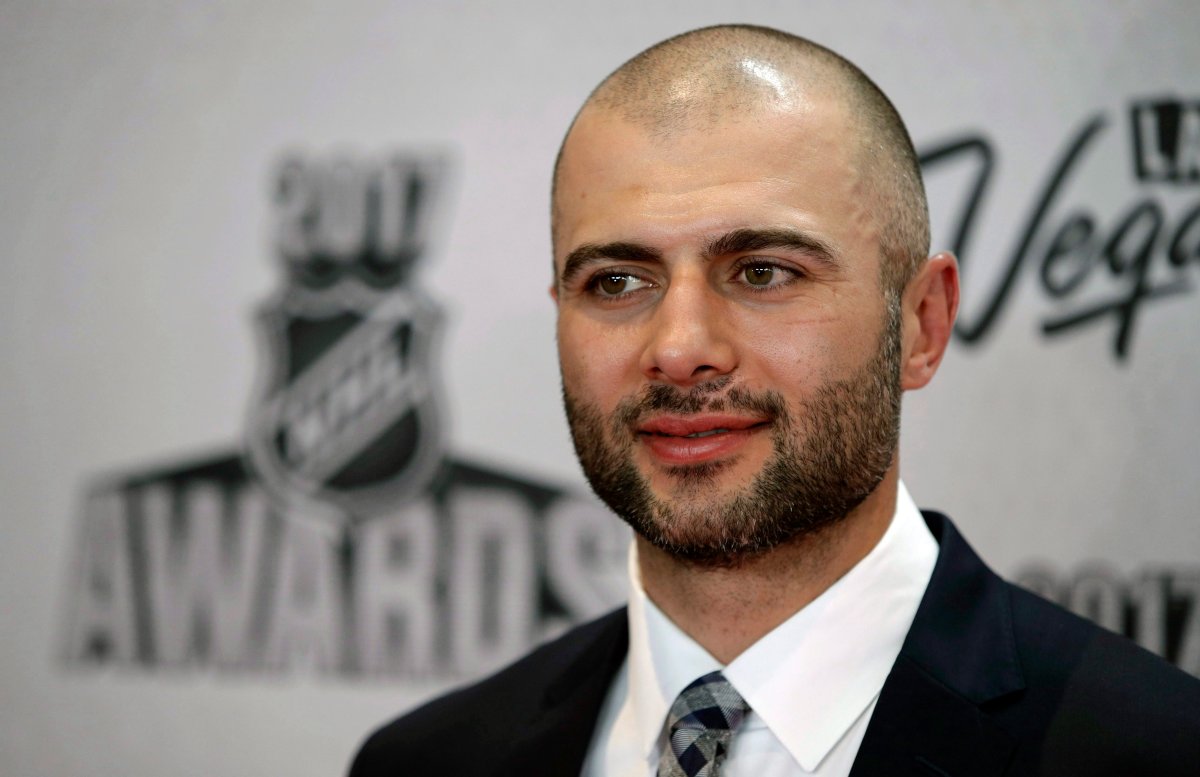 Calgary Flames' Mark Giordano poses before the NHL Awards, Wednesday, June 21, 2017, in Las Vegas. 