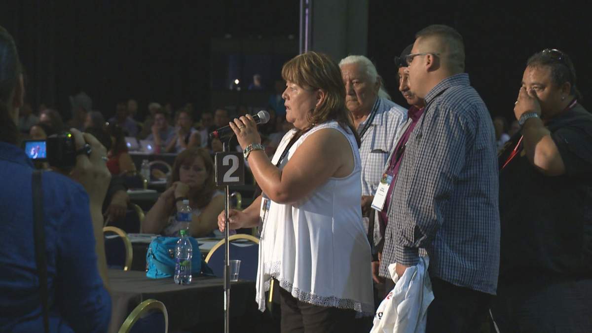 Bernice Catcheway speaks to commissioners of the National Inquiry into Missing and Murdered Indigenous Women and Girls Wednesday at the AFN's annual general assembly. 
