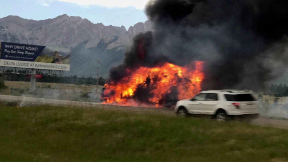Motorhome engulfed in flames along Trans-Canada Highway Saturday. 