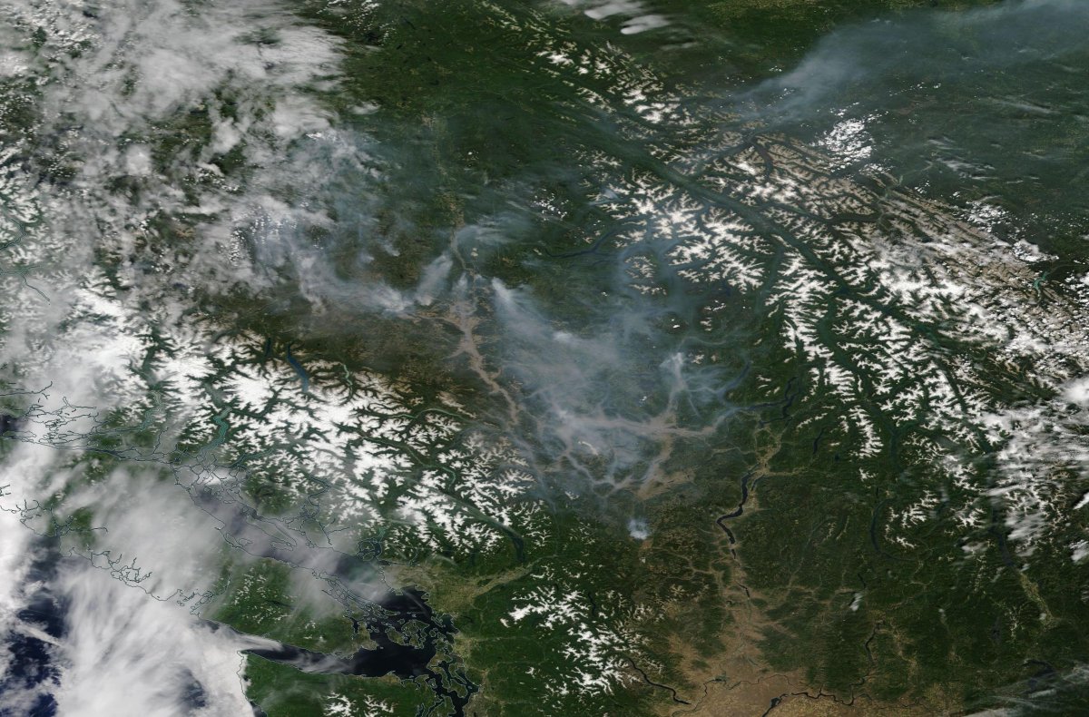 A NASA Worldview image of B.C.'s wildfires on July 8, 2017.