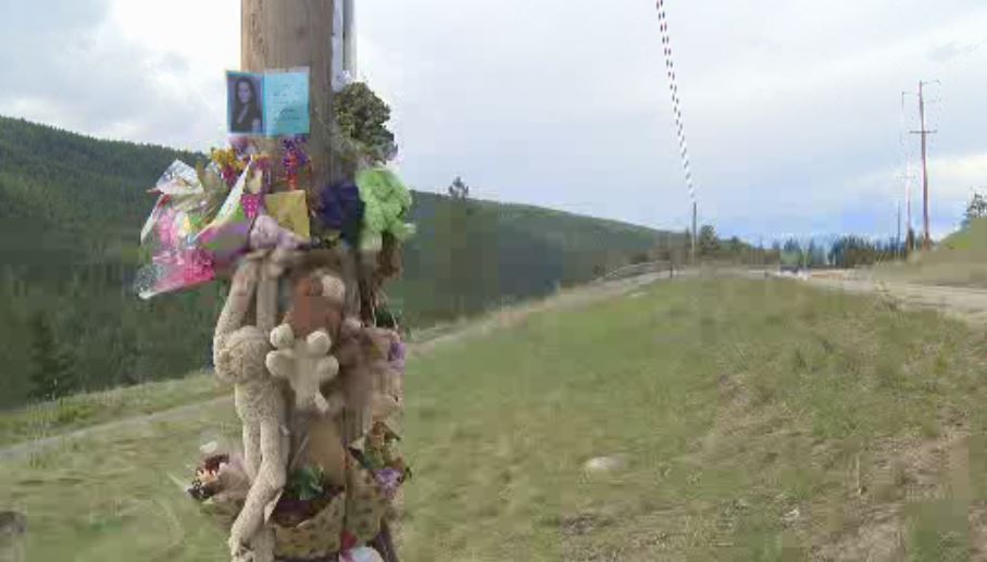 A memorial marks the spot where a car left Highway 33 near Kelowna killing the driver.