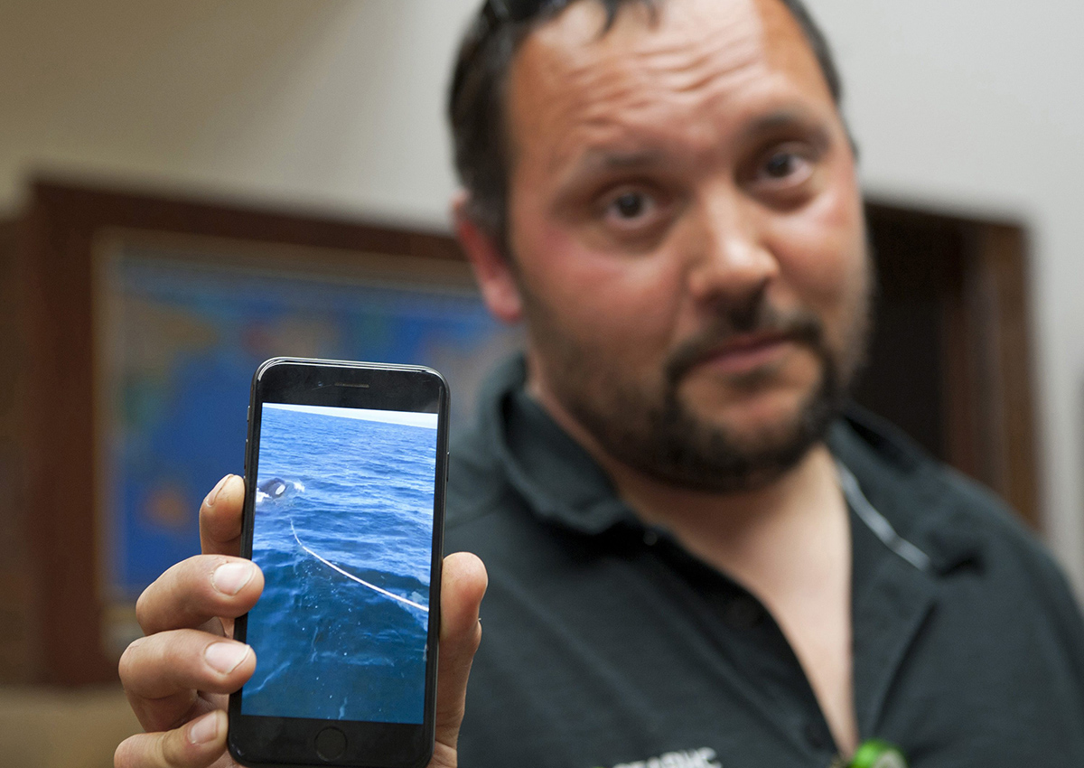 In this Monday, July 24, 2017 photo Victor Littlefield holds up a cellphone video of an orca whale pulling a line off his boat near Sitka, Alaska. 