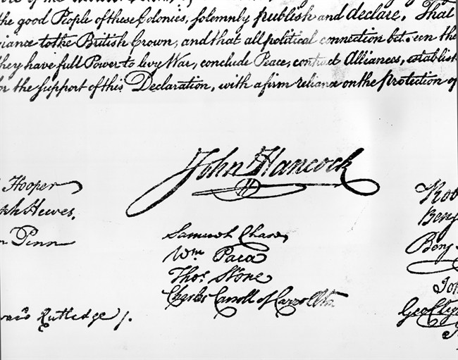 This undated file photo shows John Hancock's signature on the Declaration of Independence.