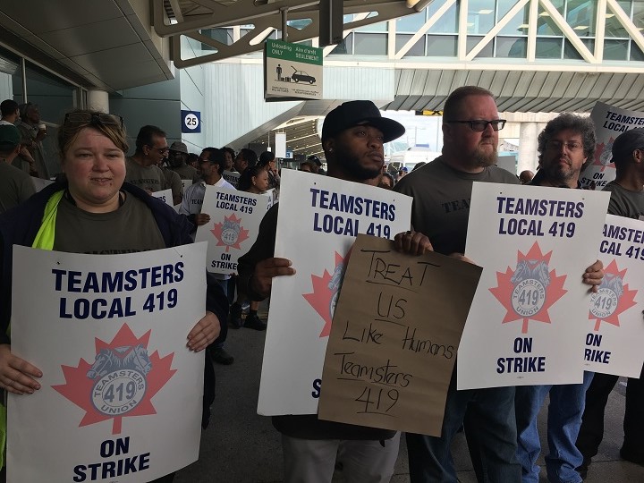 Members of Teamsters Local 419 voted to go on strike Thursday evening. Workers picketed in front of the departures entrance at Toronto Pearson International Airport's Terminal 3.