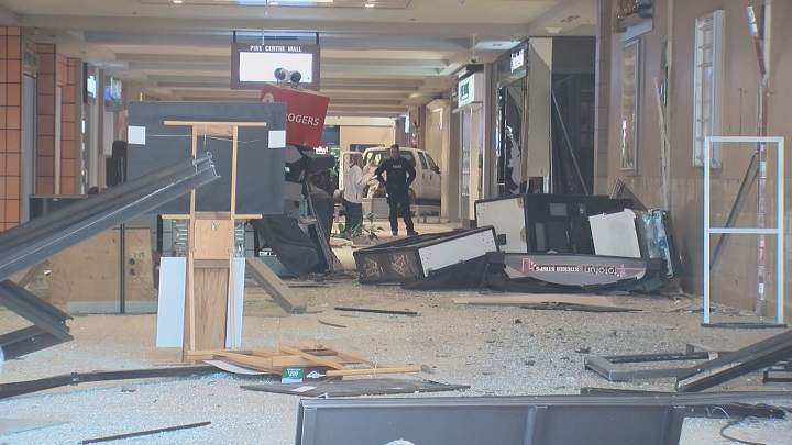 RCMP on the scene after a suspect smashed his flatbed truck into a Prince George mall on July 4, 2017.