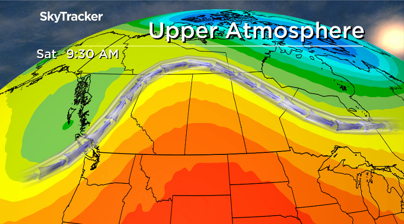 Upper ridge of high pressure helps funnel in the heat this weekend.