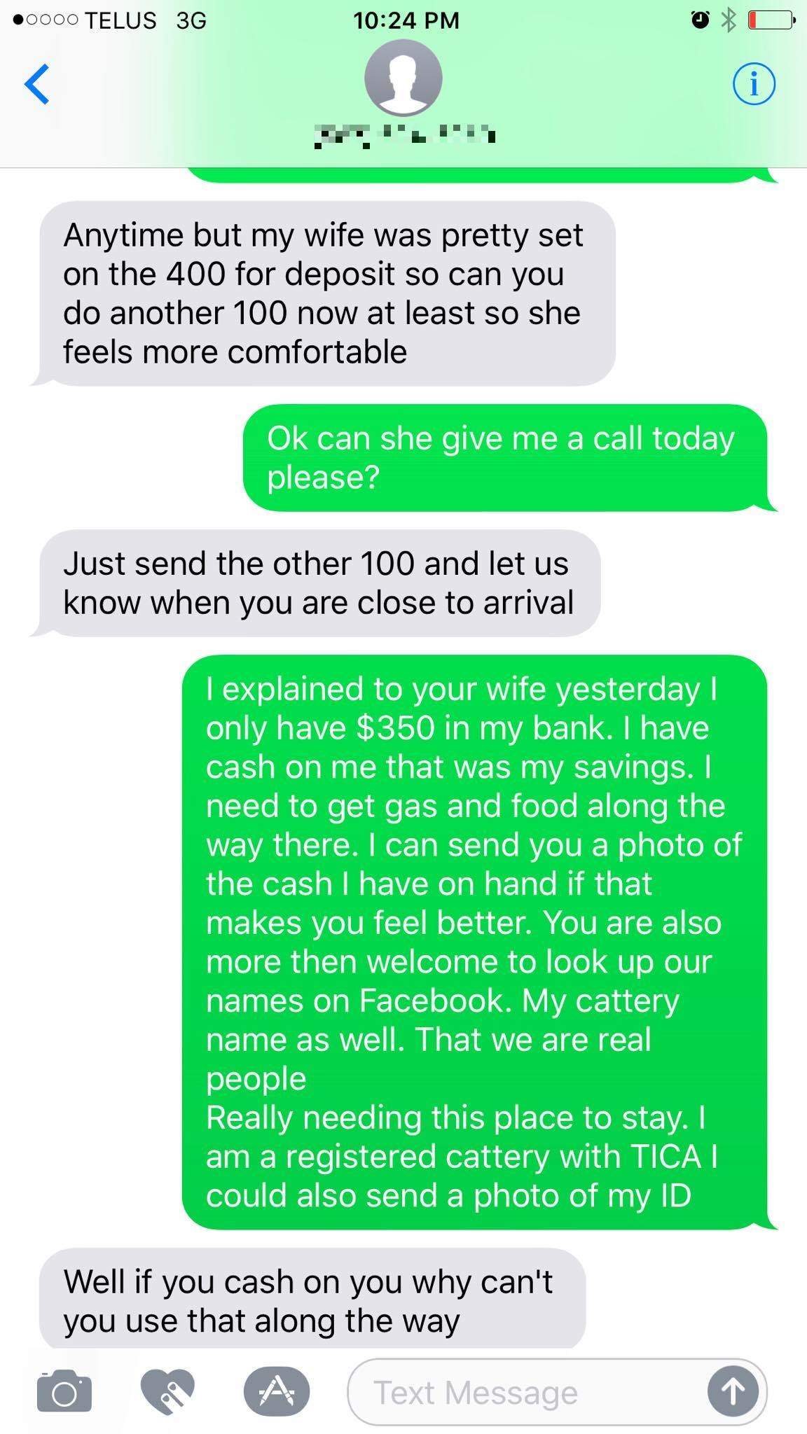 Screenshot of some of the texts sent between her and the alleged scammer.