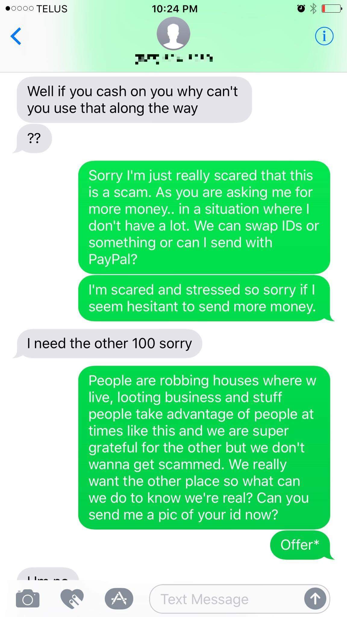 Screenshot of some of the texts sent between her and the alleged scammer.