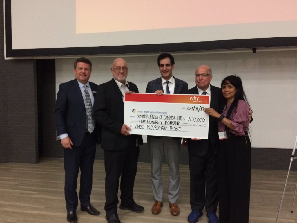 From left to right: President & CEO of London Health Sciences Foundation John MacFarlane, President and CEO of LHSC Murray Glendining, neurologist Dr. David Steven, Domino's Pizza of Canada CEO Michael Schlater and Lilibeth Schlater.