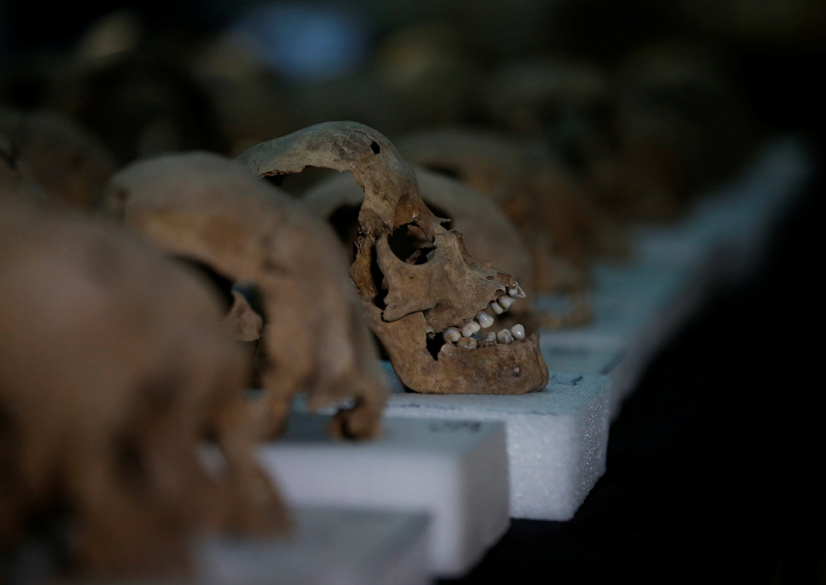 Skulls are seen at a site where more than 650 of them caked in lime and thousands of fragments were found in the cylindrical edifice near Templo Mayor.