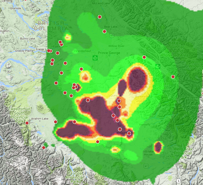 A map from smoke forecaster BlueSky shows what the smoke could look like over B.C. on Wednesday, July 12, 2017.