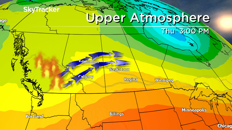 Upper level winds will divert B.C. wildfire smoke back into central Saskatchewan Thursday.