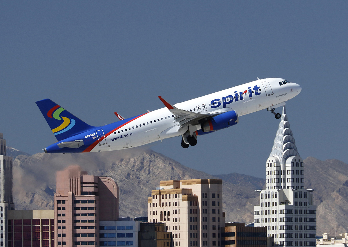 An Airbus A320 (A320-200) jetliner, belonging to Spirit Airlines, passes hotels on the Las Vegas Strip as it takes off from McCarran International Airport in Las Vegas, Nv. on Thursday, March 2, 2017. 