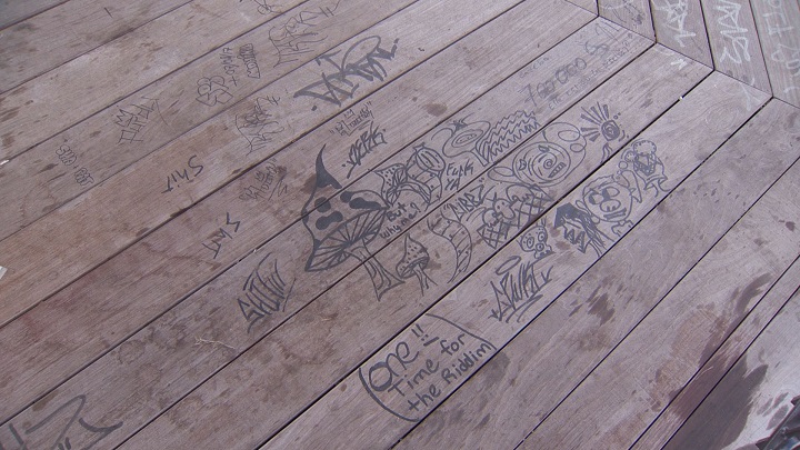 Graffiti at the Mordecai Richler Gazebo.