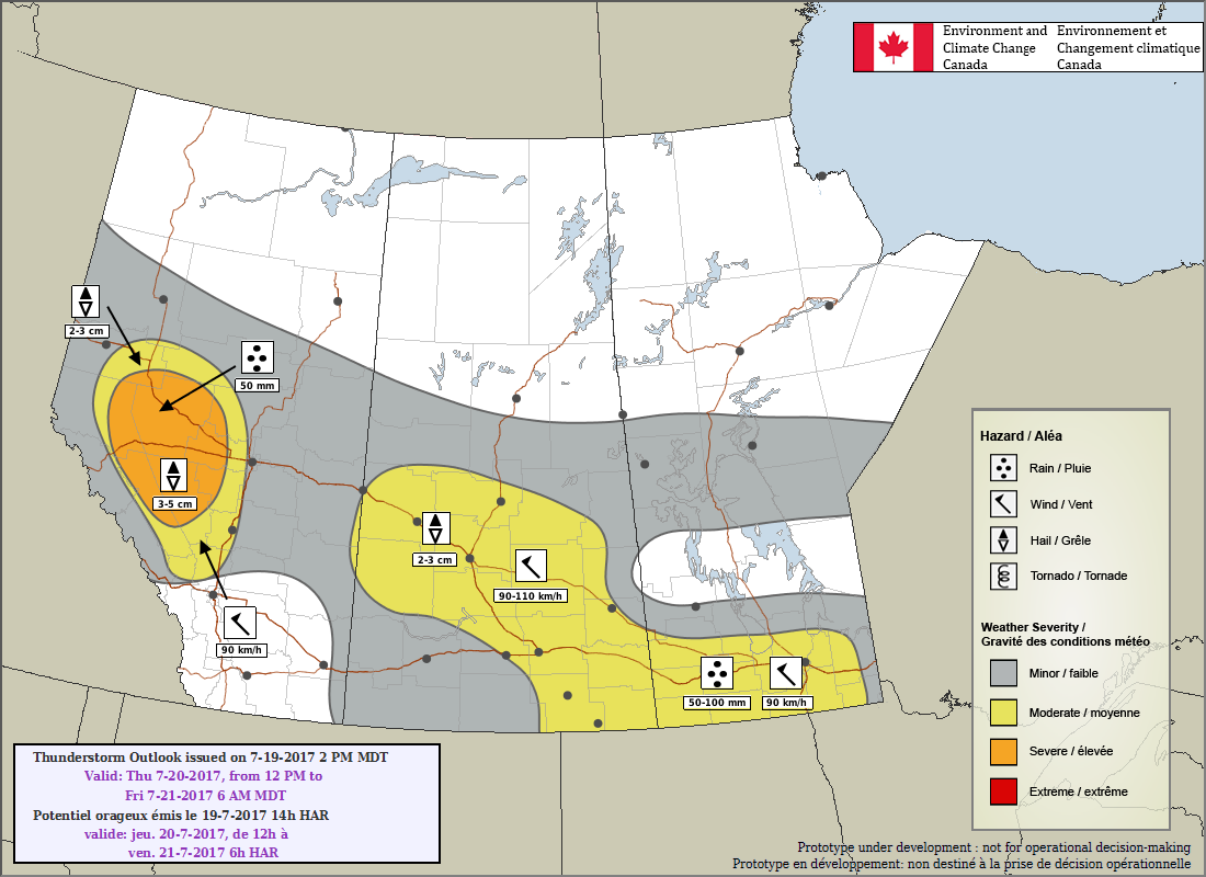 Thunderstorm outlook for Friday, July 20, 2017 indicates 2 to 3 centimetre hail as a threat in the Saskatoon area.