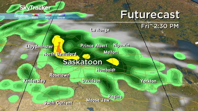 Showers and thunderstorms are expected in the Saskatoon area on Friday as a system slides through.