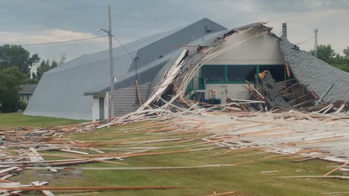 Images of the curling club in Strongfield, Sask that was destroyed during a severe storm on Thursday evening