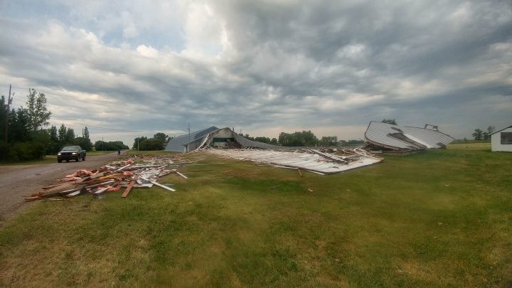 Images of the curling club in Strongfield, Sask that was destroyed during a severe storm on Thursday evening
