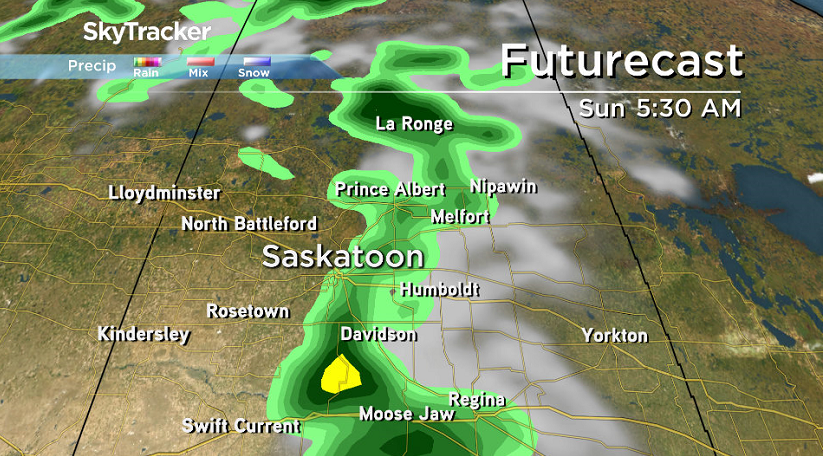 A chance of showers slides through central Saskatchewan early Sunday.