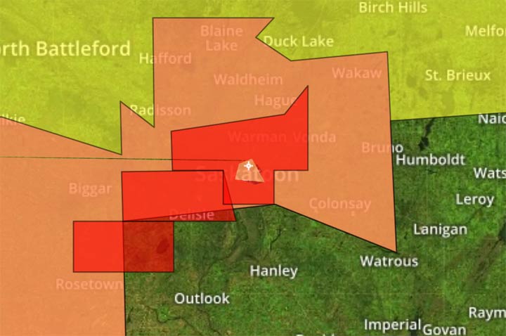 Environment Canada issued tornado warnings in Saskatchewan on Sunday.