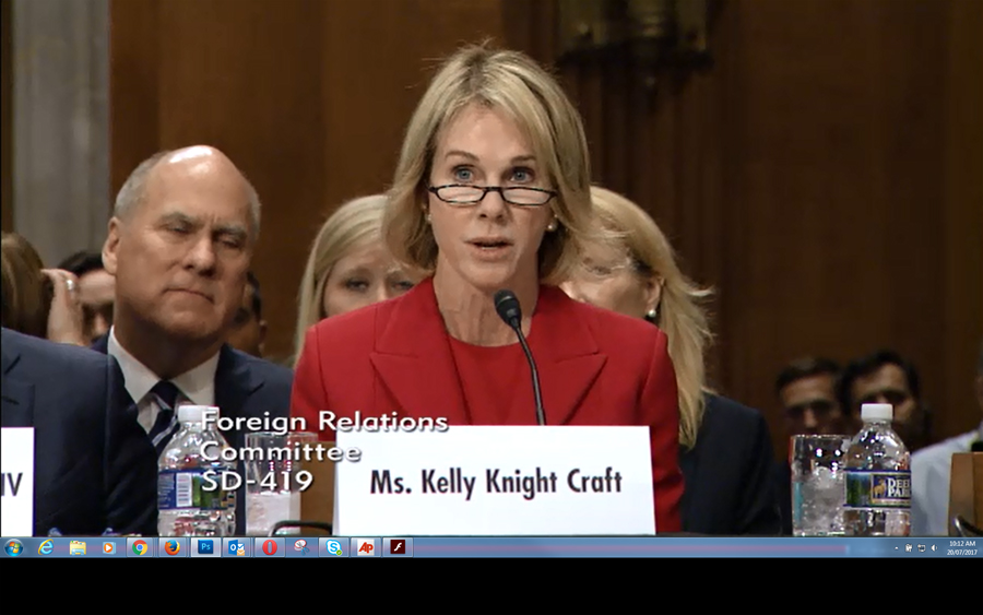 Kelly Knight Craft, U.S. president Donald Trump's nominee to be ambassador to Canada, speaks to the U.S. Senate Foreign Relations Committee on July 20, 2017. 