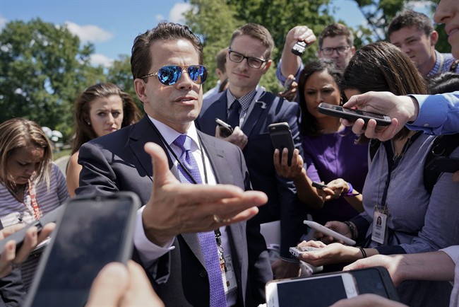 In this July 25, 2017 photo, White House communications director Anthony Scaramucci speaks to members of the media at the White House in Washington, Tuesday, July 25, 2017. 