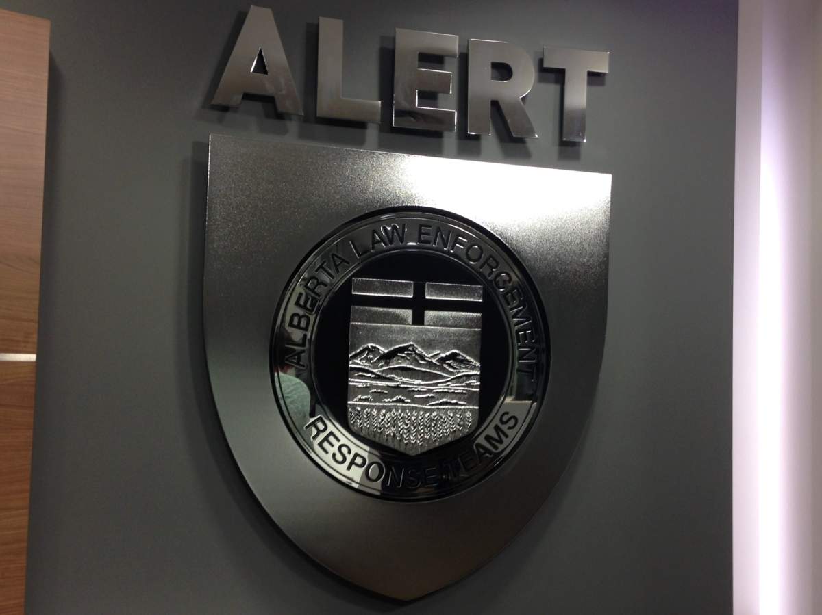 A file photo of the Alberta Law Enforcement Response Teams (ALERT) logo at its head office.