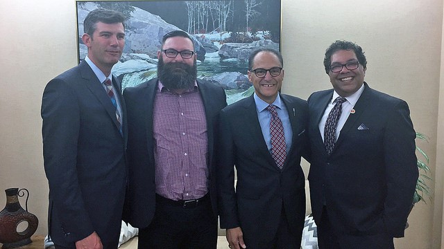 Mayor Don Iveson, Minister Shaye Anderson, Minister Joe Ceci and Mayor Naheed Nenshi mark the establishment of city charters for the province’s two big cities.