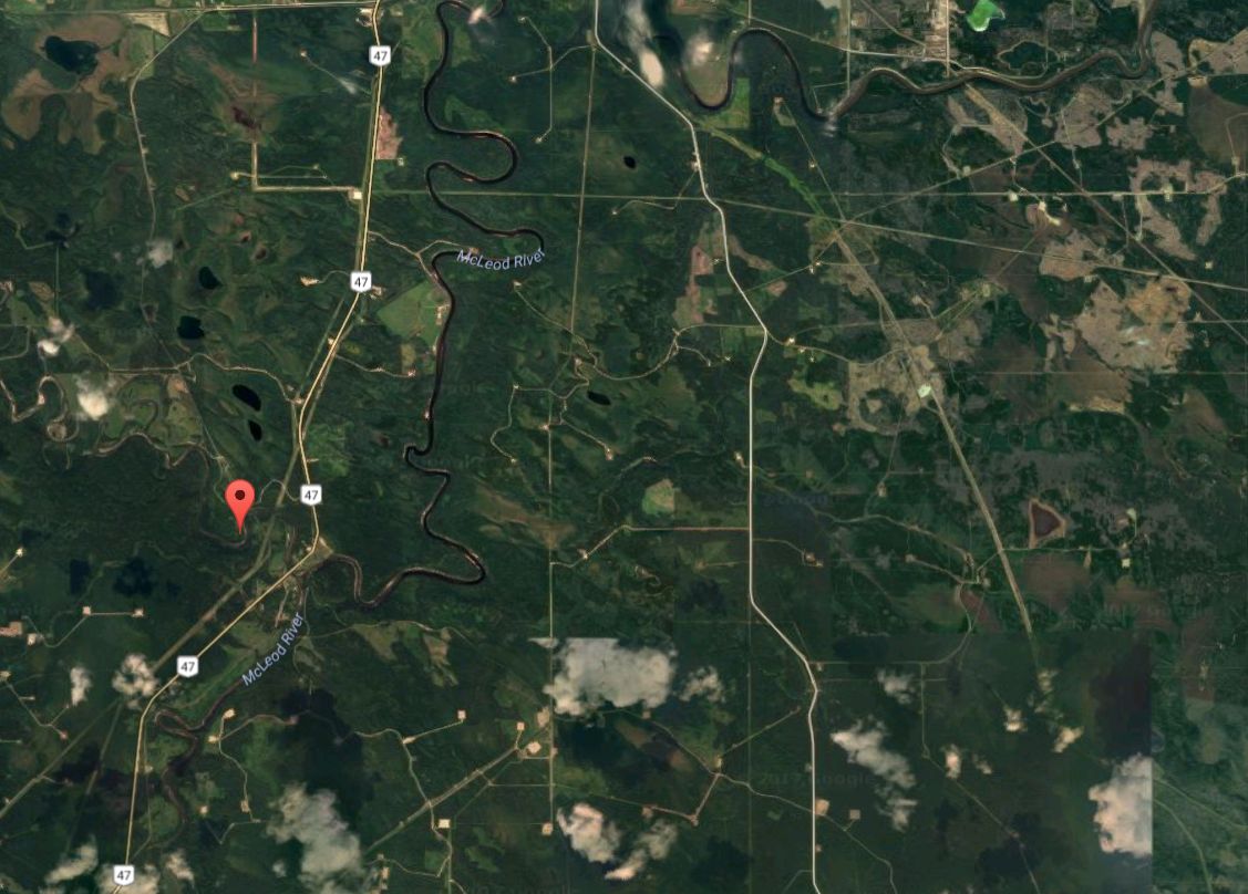 Mcleod River and the nearby recreation area is about 280 kilometres west of Edmonton.