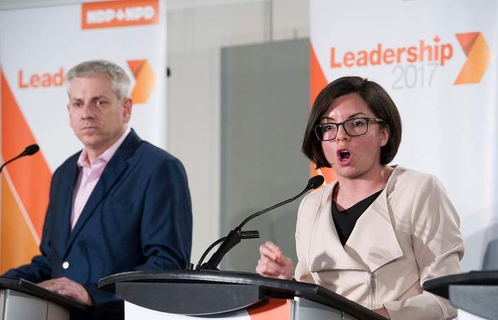 In this file photo, NDP leadership candidates Charlie Angus, left, and Niki Ashton particpate in a leadership debate in Montreal, Sunday, March 26, 2017. 