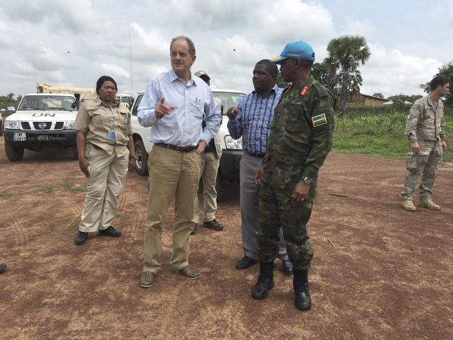 David Shearer, second left, the United Nations peacekeeping mission chief in South Sudan, visits the troubled region of Yei, South Sudan, July 13. 2017. 



