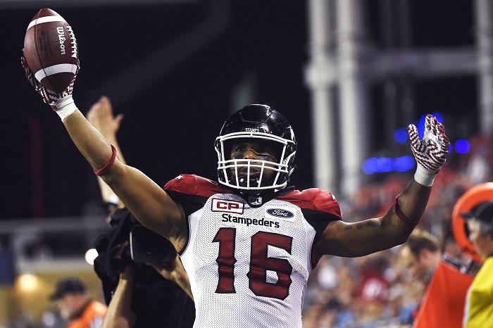 Calgary Stampeders slotback Marquay McDaniel (16) celebrates his touchdown against the Toronto Argonauts during second half CFL football action in Toronto on Thursday, August 3, 2017. 