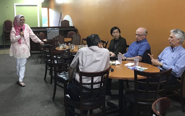 Moina Shaiq speaks to a group of people at a Meet a Muslim event at Bronco Billy's Pizza Palace in Fremont, Calif., July 10, 2017. 


