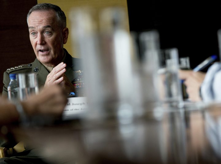 U.S. Chairman of the Joint Chiefs of Staff Gen. Joseph Dunford speaks to reporters at the Westin Beijing Chaoyang Hotel on Aug. 17.