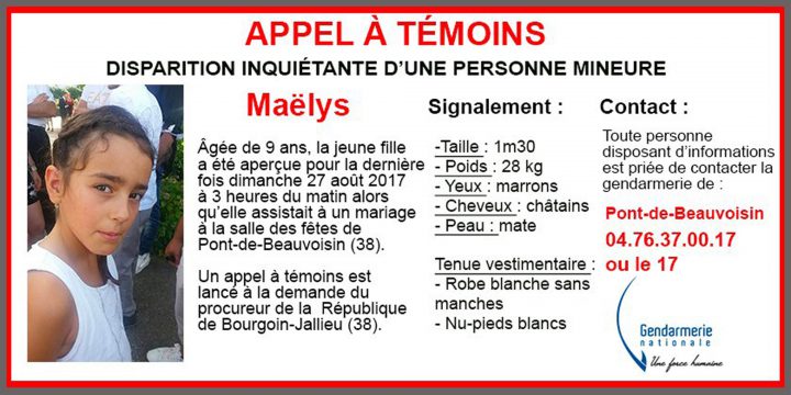 This notice released on Monday, Aug. 28, 2017, by Gendarmerie Nationale shows a call for witnesses and an undated portrait of a missing girl, Maelys. 