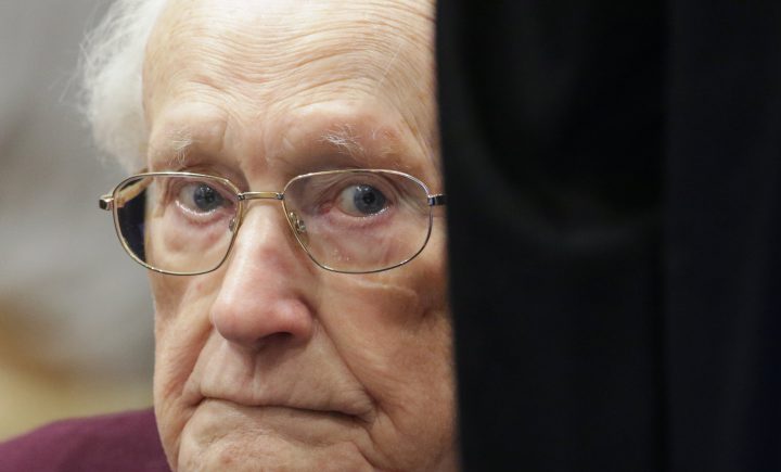 Oskar Groening, defendant and former Nazi SS officer dubbed the "bookkeeper of Auschwitz", sits in the courtroom during his trial in Lueneburg, Germany, July 15, 2015.