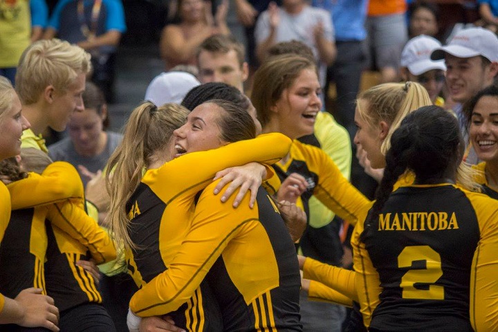 Manitoba's girls volleyball team celebrates after beating Alberta in the 2017 Canada Summer Games gold medal match.