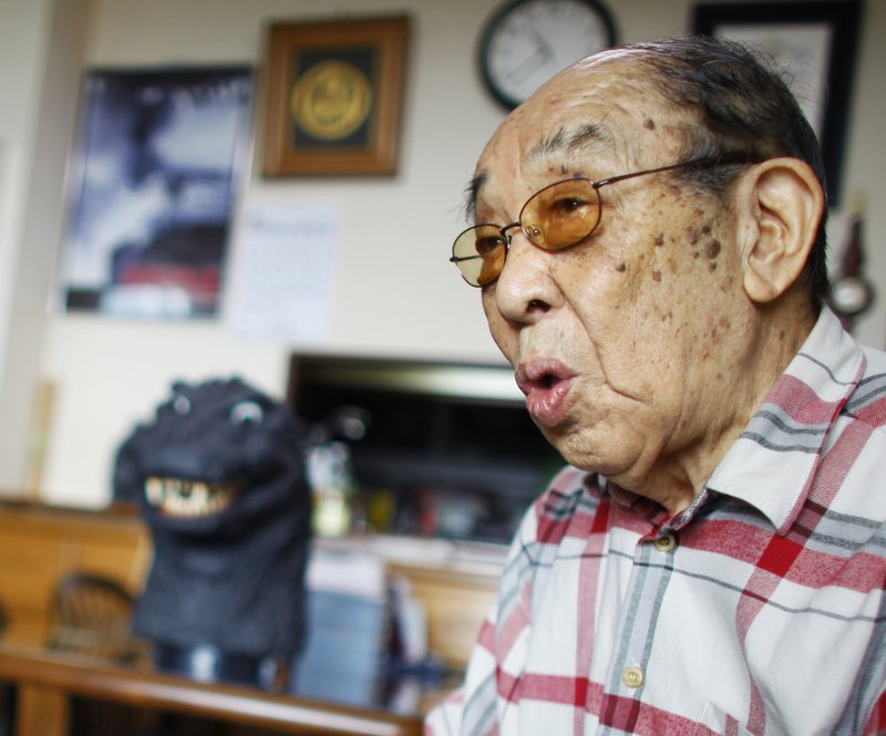 In this 2014 photo, original Godzilla suit actor Haruo Nakajima, who has played his role as the monster, speaks during an interview at his home in Sagamihara, near Tokyo. Nakajima.