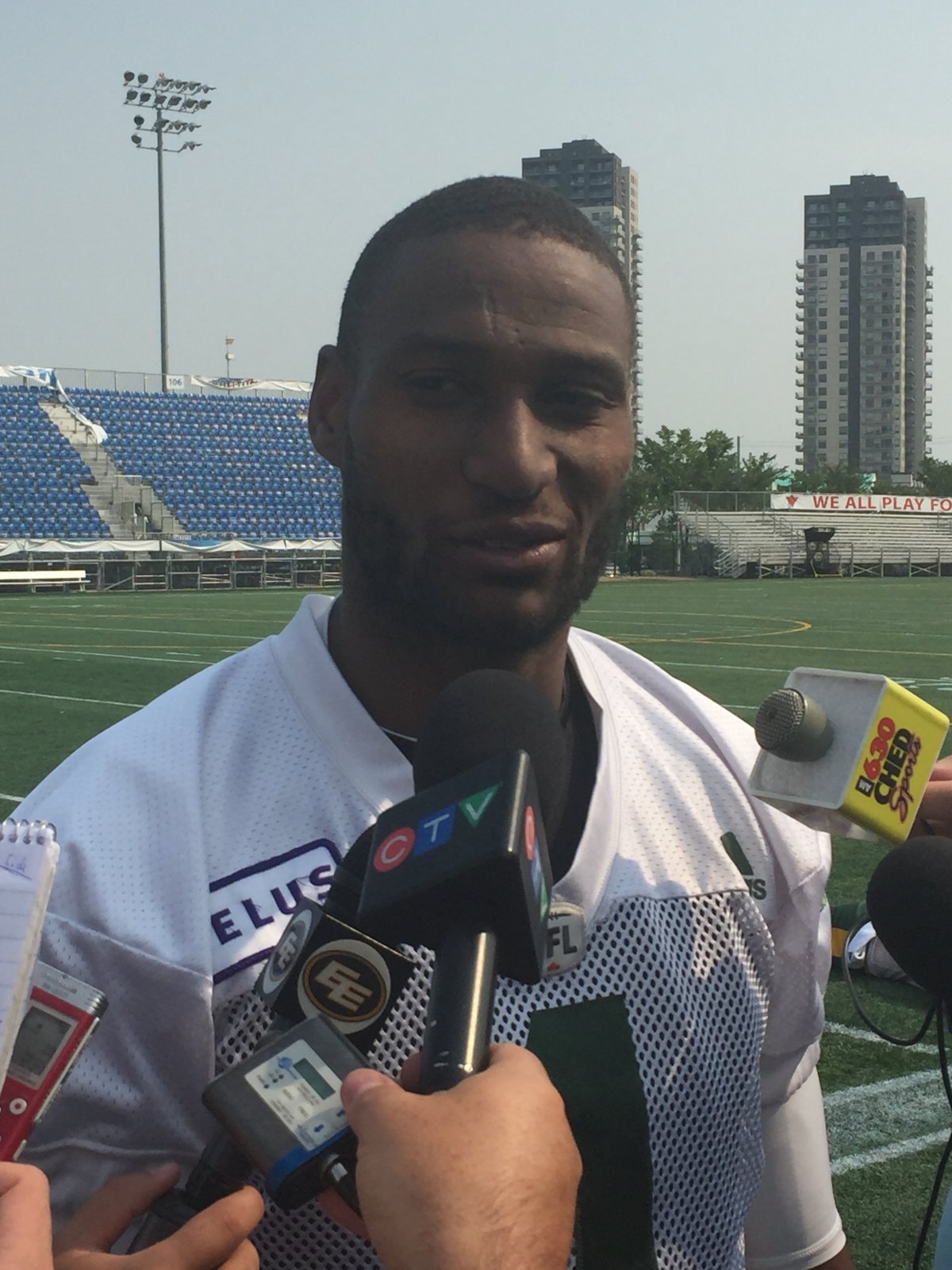 Eskimos receiver Adarius Bowman speaks with the media about his return to the lineup on Monday.