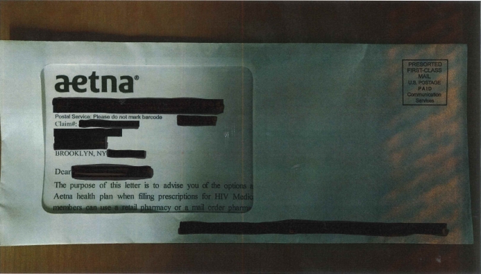 This redacted letter shows that the recipient has a prescription for HIV medication, which is a breach of privacy law advocacy groups say. 