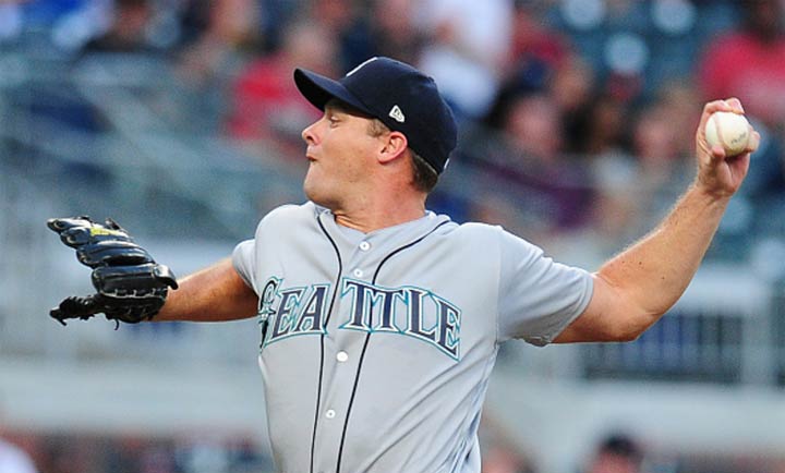 Andrew Albers #63 of the Seattle Mariners throws a first inning pitch against the Atlanta Braves at SunTrust Park on August 21, 2017 in Atlanta, Georgia.